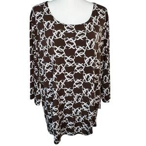 SUSAN GRAVER Women's 2X Brown White Liquid Knit Stretch Tiered Layered Tunic Top